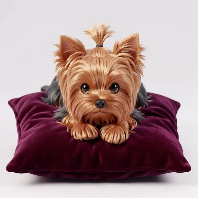 A stylized 3D Yorkshire Terrier puppy with a tied topknot lies on a plush deep purple velvet pillow.