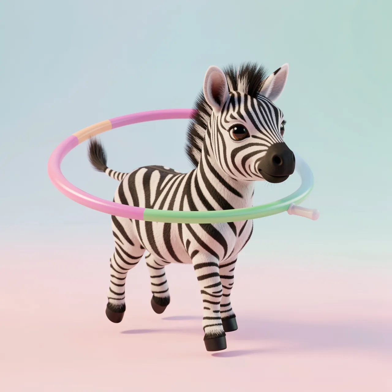 A stylized baby zebra spins a colorful hula hoop around its body on a pastel gradient background