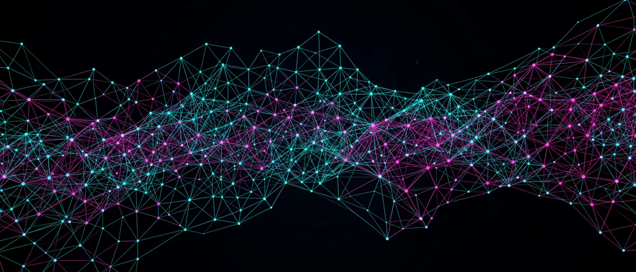 Interconnected cyan and magenta node network stretches across a solid black void background