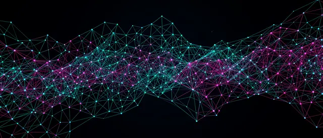 Interconnected cyan and magenta node network stretches across a solid black void background