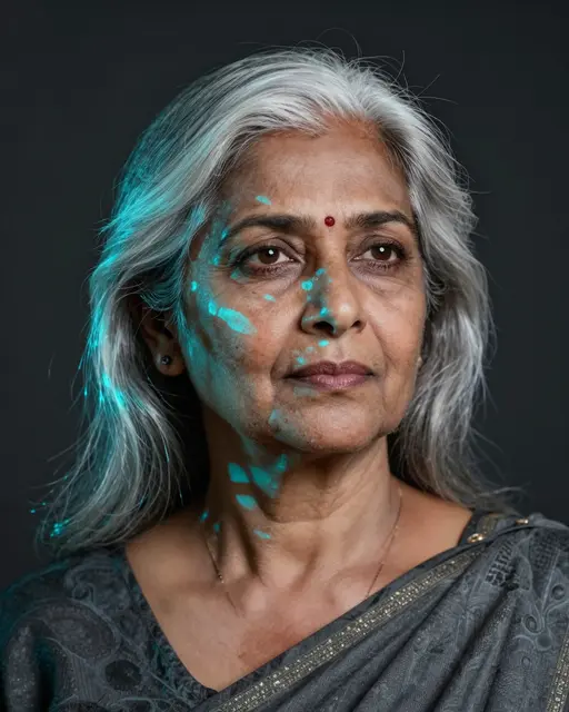 Portrait of a South Asian senior woman with silver hair, cyan light projections falling across her face in a dark studio.