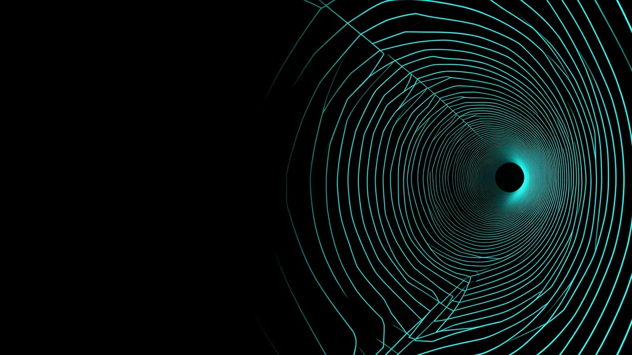 Thin glowing cyan wireframe lines form a tunnel on the right, with empty black space on the left