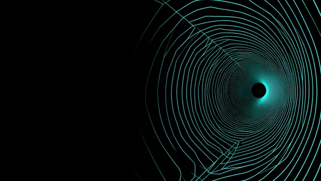 Thin glowing cyan wireframe lines form a tunnel on the right, with empty black space on the left