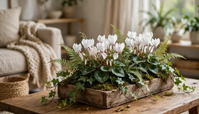 White cyclamen, ferns and ivy fill a moss-lined wooden planter on a rustic living room coffee table.
