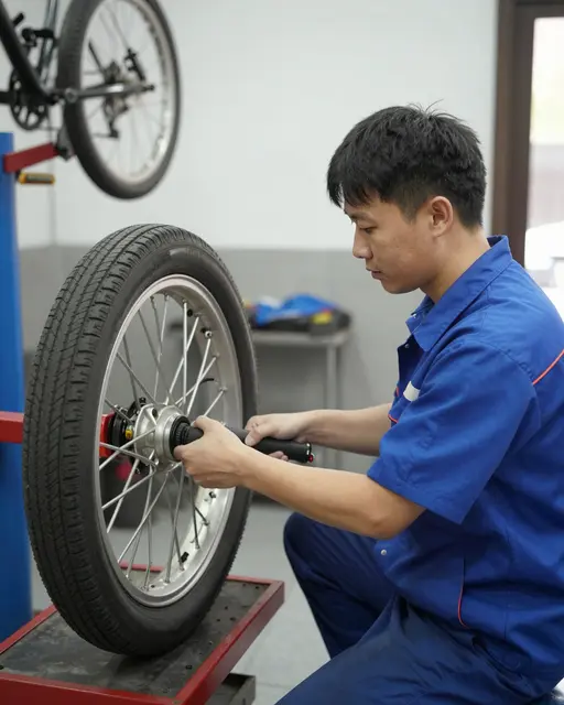 East Asian mechanic in a blue uniform works on a bicycle wheel mounted in a small workshop.