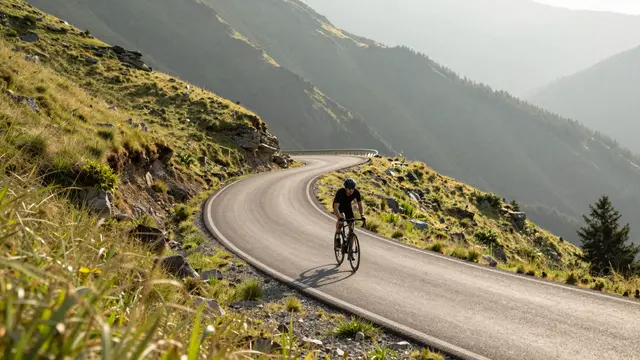 An adult road cyclist rides up a winding mountain pass at sunrise, surrounded by hazy alpine slopes.