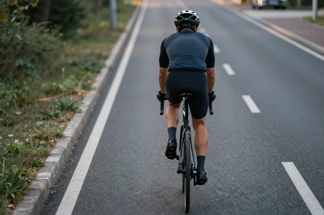 Back view of a helmeted cyclist riding a road bicycle along a paved bike lane at dusk
