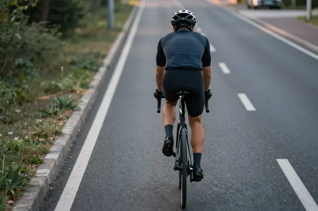 Back view of a helmeted cyclist riding a road bicycle along a paved bike lane at dusk