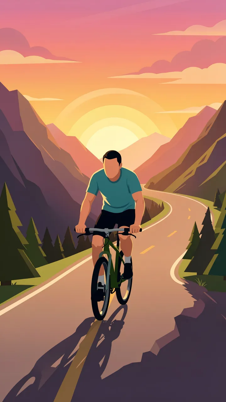 Faceless adult cyclist rides up a winding mountain road during a vibrant gradient sunrise