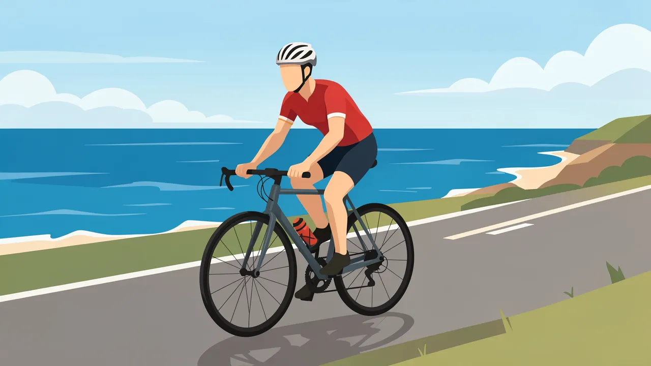 Faceless road cyclist in a red jersey rides a bicycle along a paved coastal road beside the blue sea.