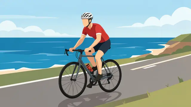 Faceless road cyclist in a red jersey rides a bicycle along a paved coastal road beside the blue sea.