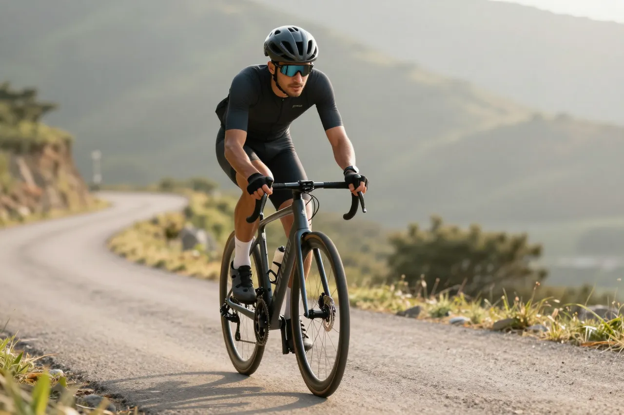A road cyclist in full riding gear cycles along a winding mountain road in warm early morning light