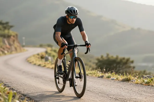 A road cyclist in full riding gear cycles along a winding mountain road in warm early morning light
