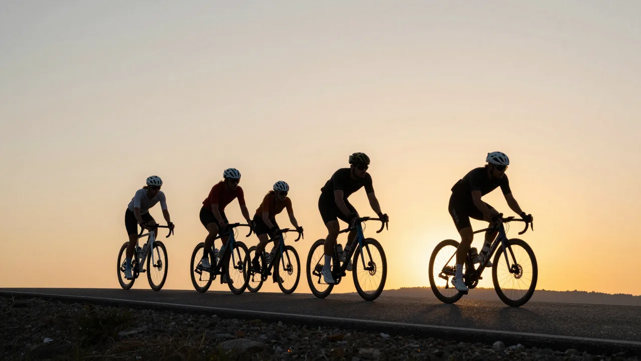 Five road cyclists ride in a group along a ridge road silhouetted against a warm sunset sky