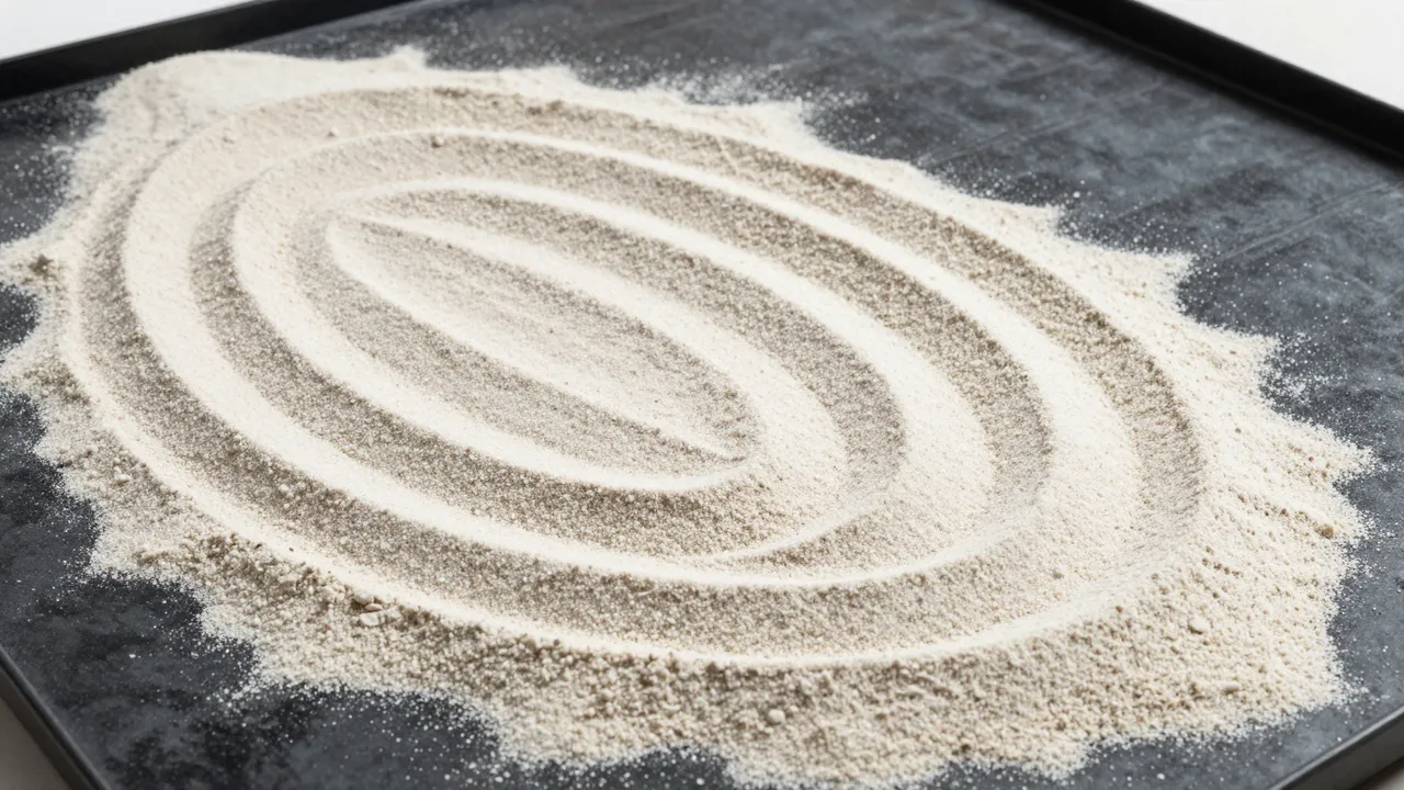 Fine white sand forms symmetrical curved concentric lines on a dark black metal plate