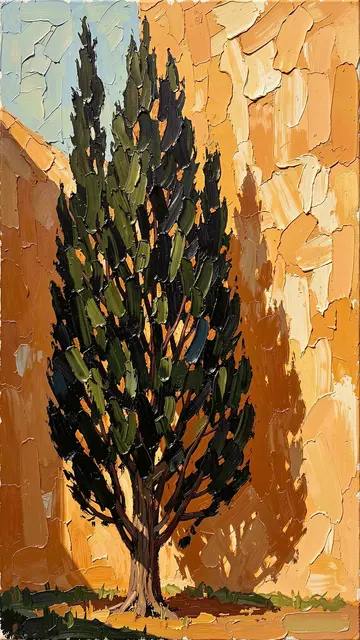 Thick palette knife oil painting of a tall dark cypress next to a sunlit warm ochre wall