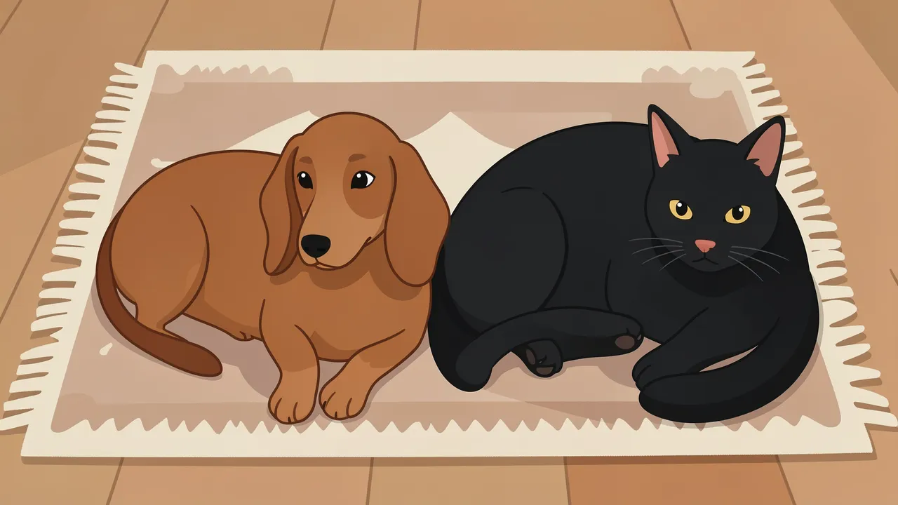 A brown dachshund and a black cat lie side by side on a fringed floor rug over wooden flooring