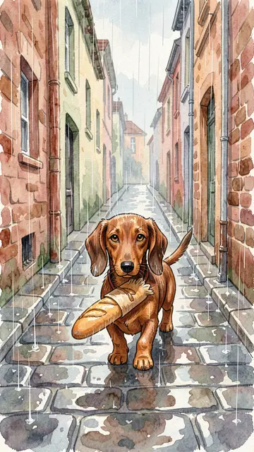 A brown dachshund holds a baguette while trotting down a wet cobblestone town lane in the rain.