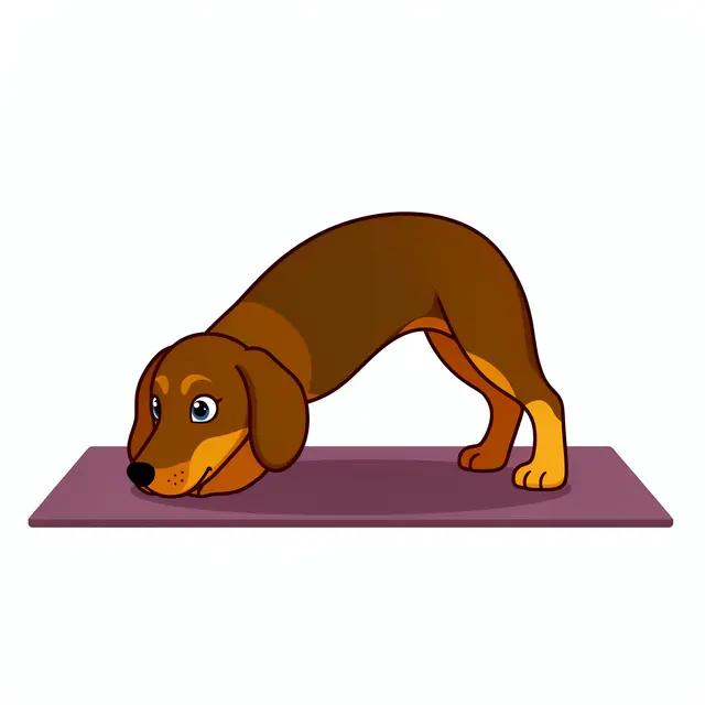 Cute cartoon dachshund holding a downward dog stretch on a purple yoga mat