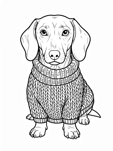 Black and white line art of a seated dachshund wearing a knitted turtleneck sweater on a plain white background
