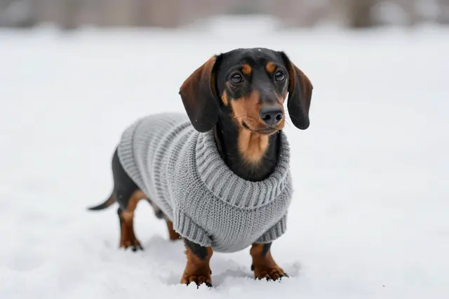 A black and tan dachshund wearing a gray knitted sweater stands on fresh snow.