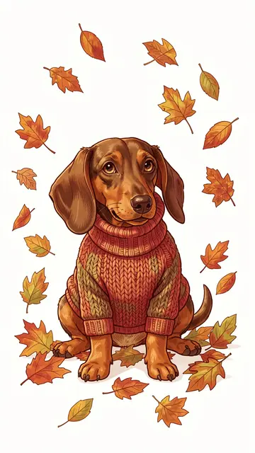 An illustrated brown dachshund in a knitted turtleneck sweater sits surrounded by falling autumn leaves against a plain