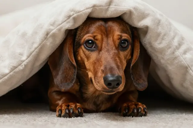 A brown dachshund looks out from under a soft cream blanket resting on carpet