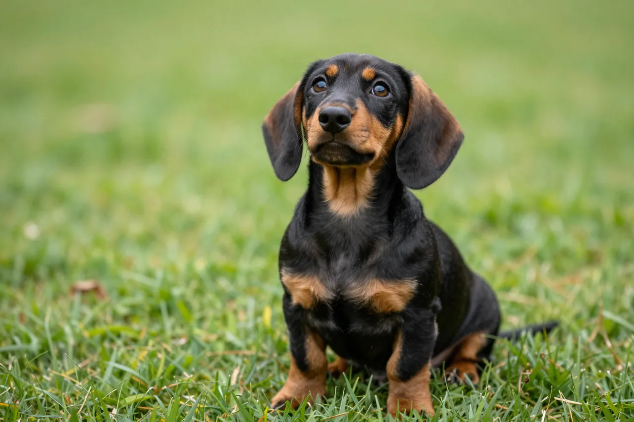 A black and tan dachshund puppy sits in green grass looking upward toward the camera.