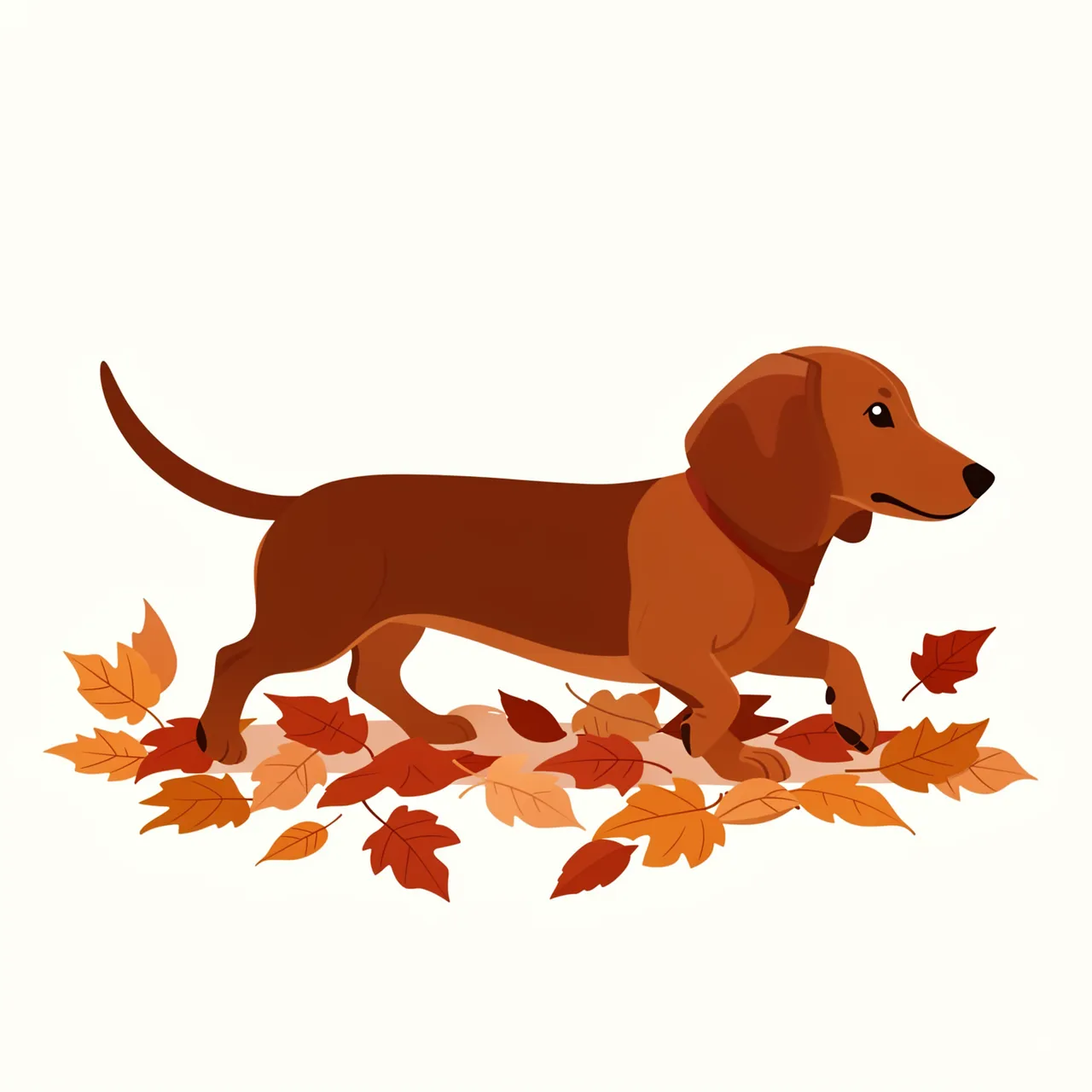 Side view flat vector illustration of a dachshund walking across scattered warm fall leaves