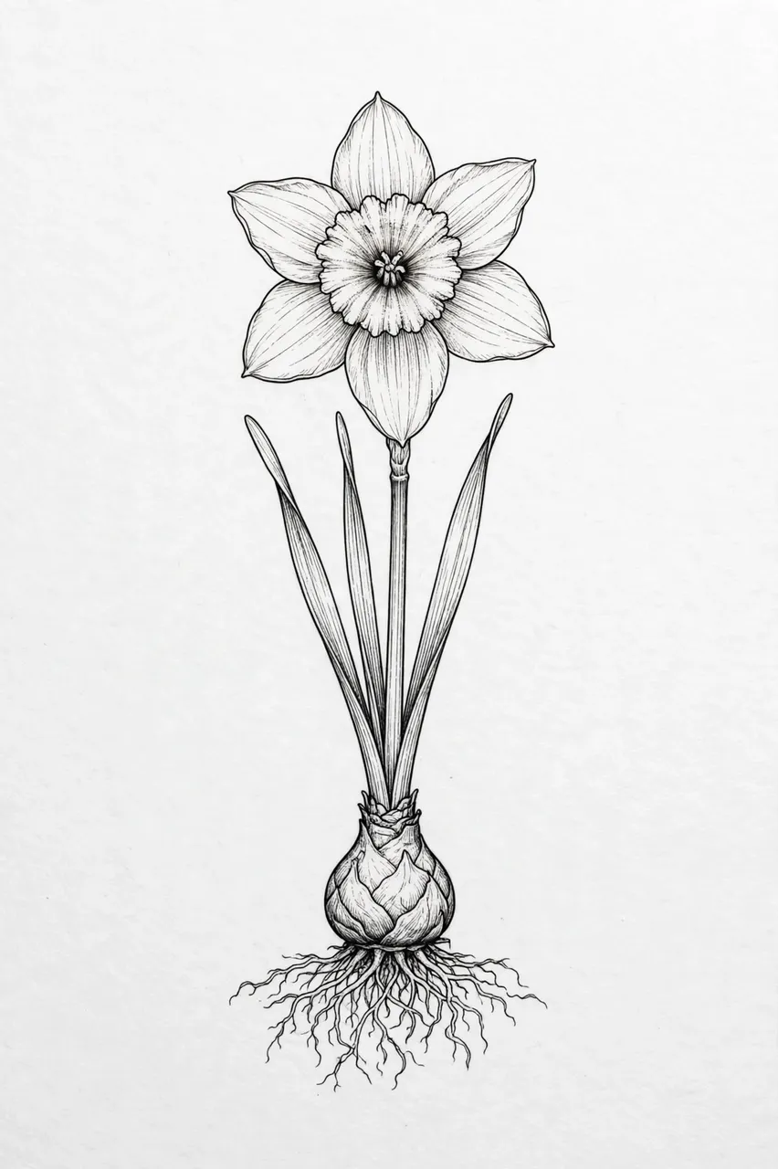 Delicate black ink line art of a full daffodil plant with flower, stem, bulb and roots on plain off-white paper