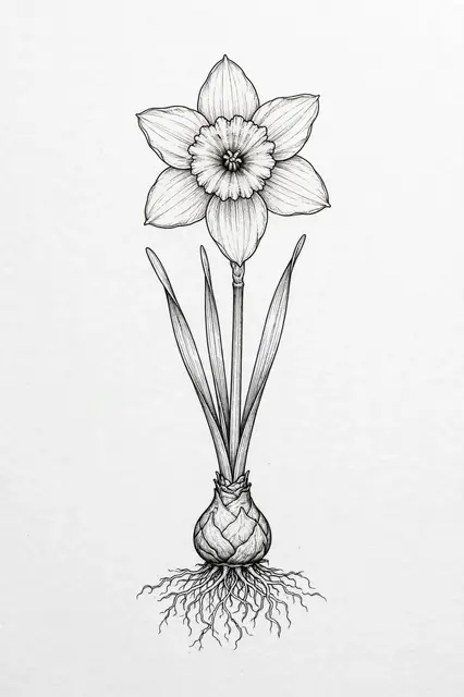 Delicate black ink line art of a full daffodil plant with flower, stem, bulb and roots on plain off-white paper