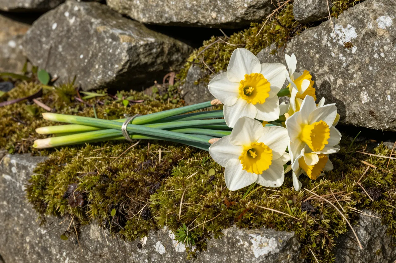 A tied bunch of white and yellow daffodils rests on mossy grey stone in bright spring sunlight.