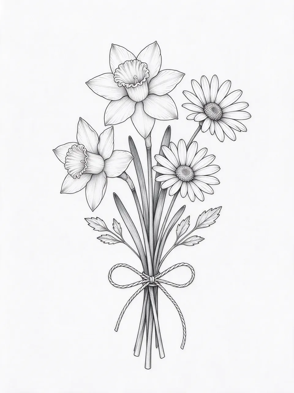 Fine black line art of a daffodil and daisy bouquet tied with a twine bow on plain white paper