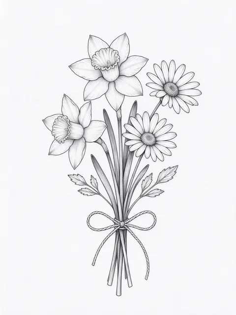 Fine black line art of a daffodil and daisy bouquet tied with a twine bow on plain white paper