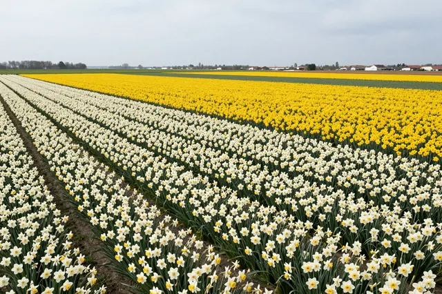 Striped rows of white and yellow daffodil fields stretch under a pale overcast spring sky