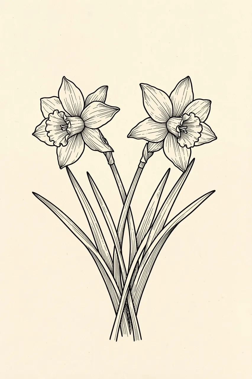 Fine black linework illustration of two daffodils with crossing stems on cream paper