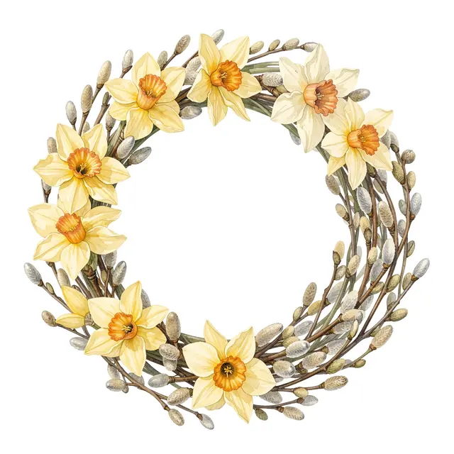 Watercolor circular wreath of yellow daffodils and fuzzy willow catkins on a plain white background