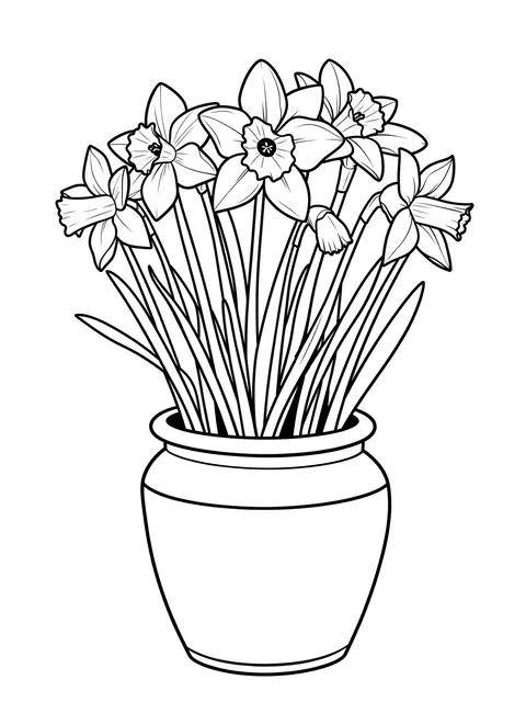 Bold black line drawing of a bouquet of daffodils arranged in a simple clay pot on a plain white background