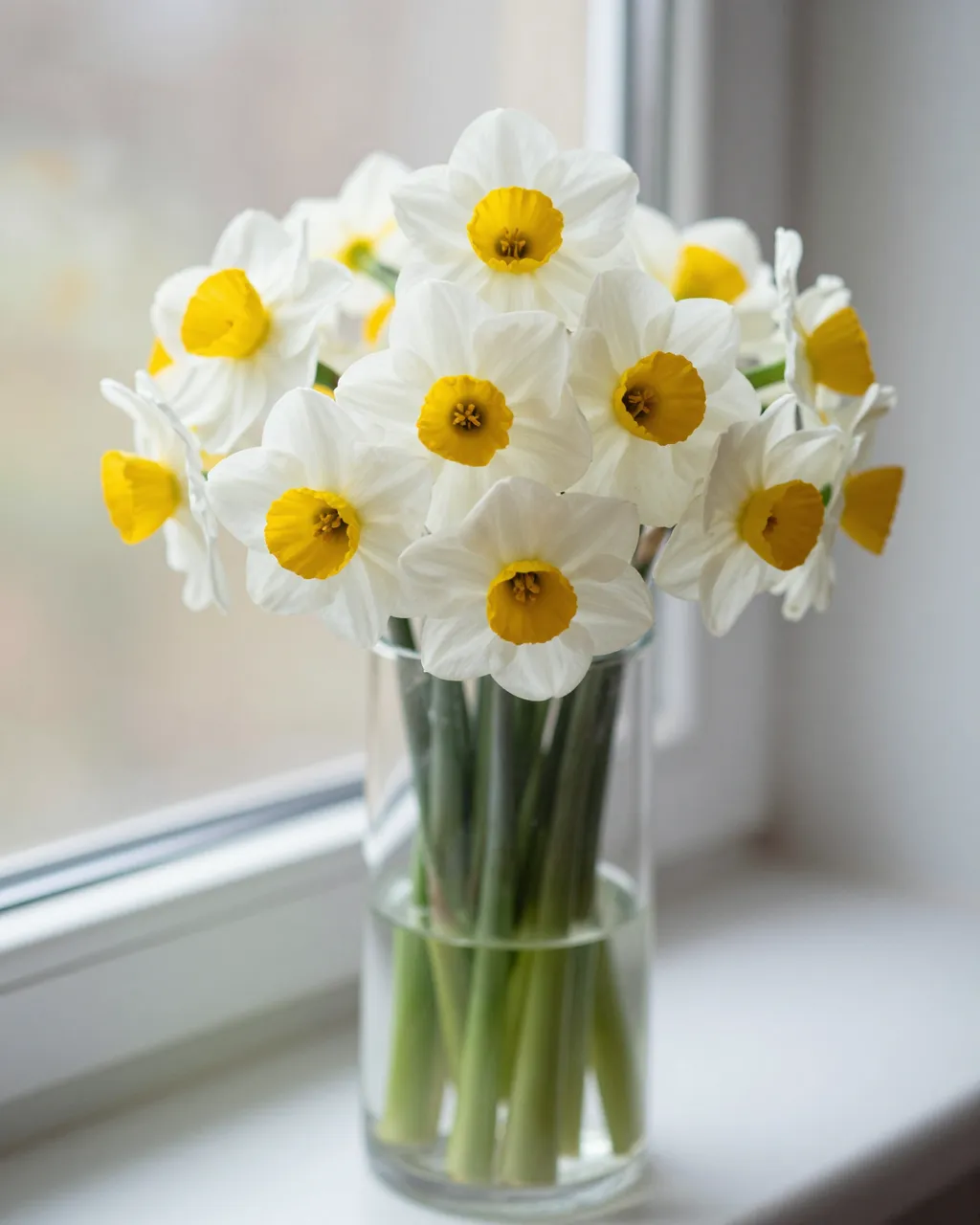 Bouquet of white and yellow narcissus in a clear glass vase resting on a bright windowsill