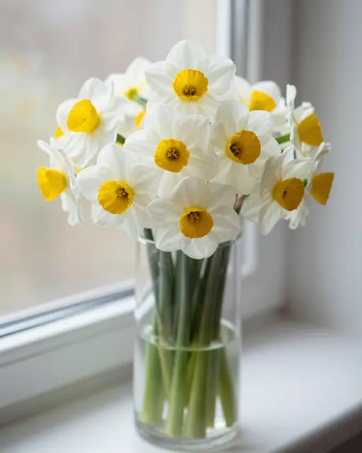 Bouquet of white and yellow narcissus in a clear glass vase resting on a bright windowsill
