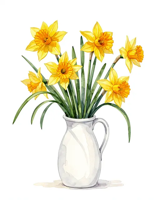 Watercolor of yellow daffodils with green stems arranged in a simple white ceramic jug against a plain white background