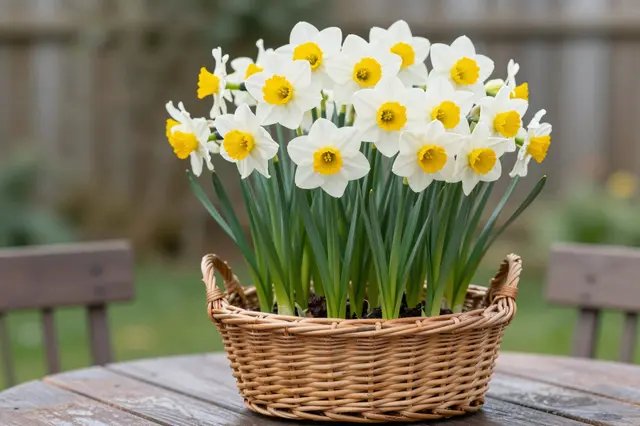 White and yellow daffodils grow in a wicker basket set on a wooden garden table