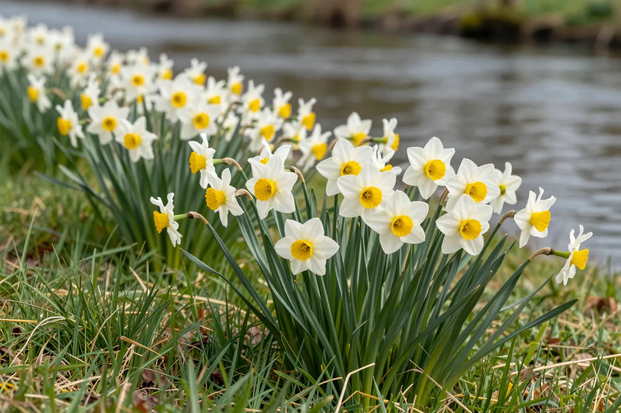 White and yellow daffodils grow in grass along the edge of a calm flowing river.