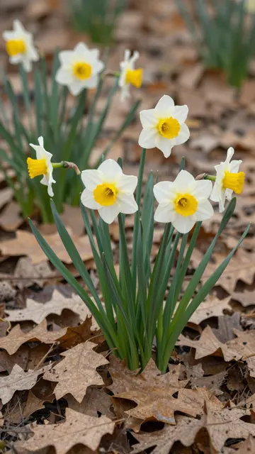 White and yellow daffodils push up through dry fallen oak leaves in early spring woodland