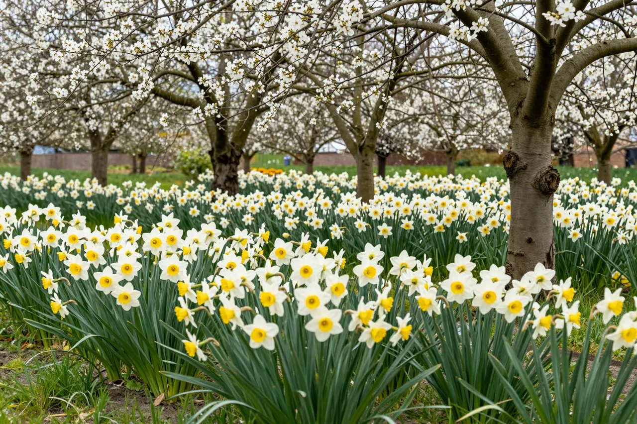Carpet of white and yellow daffodils grows beneath flowering spring orchard trees.