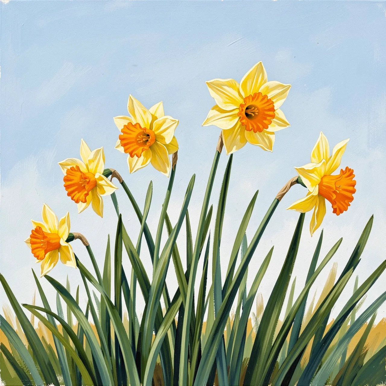 Gouache painting of swaying yellow daffodils with orange coronas against a soft pale blue spring sky