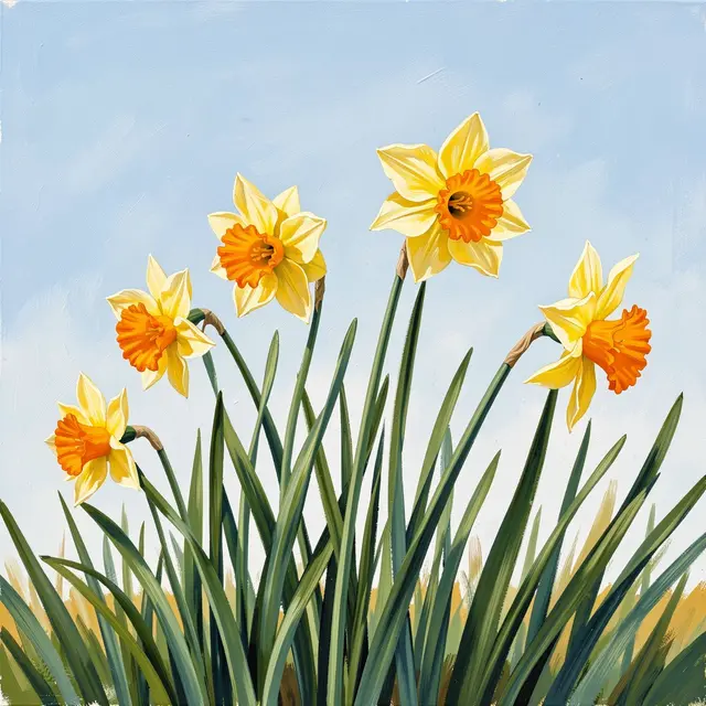 Gouache painting of swaying yellow daffodils with orange coronas against a soft pale blue spring sky
