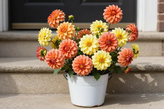Orange, coral and yellow dahlias fill a chipped white enamel bucket resting on sunny home entry steps