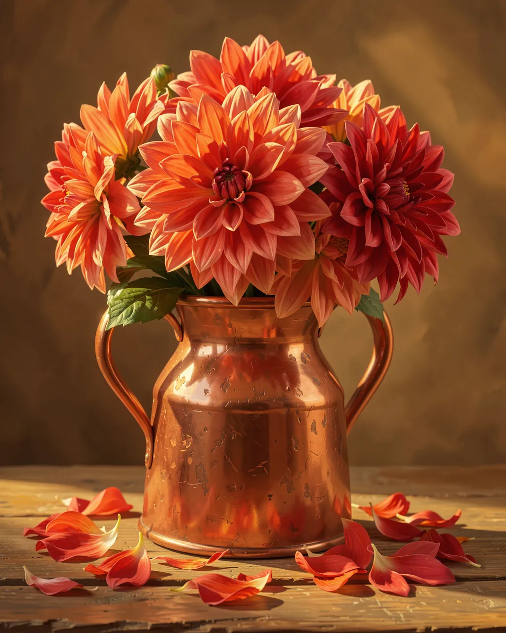Warm oil painted still life of orange and red dahlias in a worn copper jug with fallen petals on a wooden table