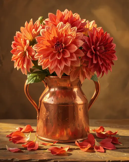 Warm oil painted still life of orange and red dahlias in a worn copper jug with fallen petals on a wooden table